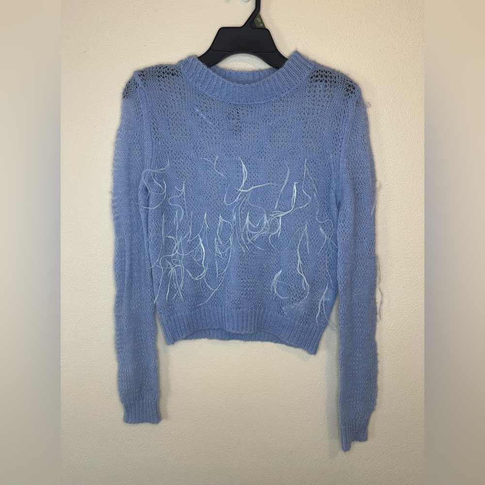 Zara Womens Knitted Sweater Pullover Feather Fringe Size M Blue Wool Blend - Picture 2 of 11